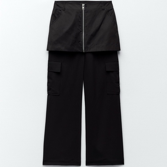 Zara Pants - NWT Zara Black Mini Skirt Over Cargo Pants Front Zipper Y2K Goth Edgy Womens XS